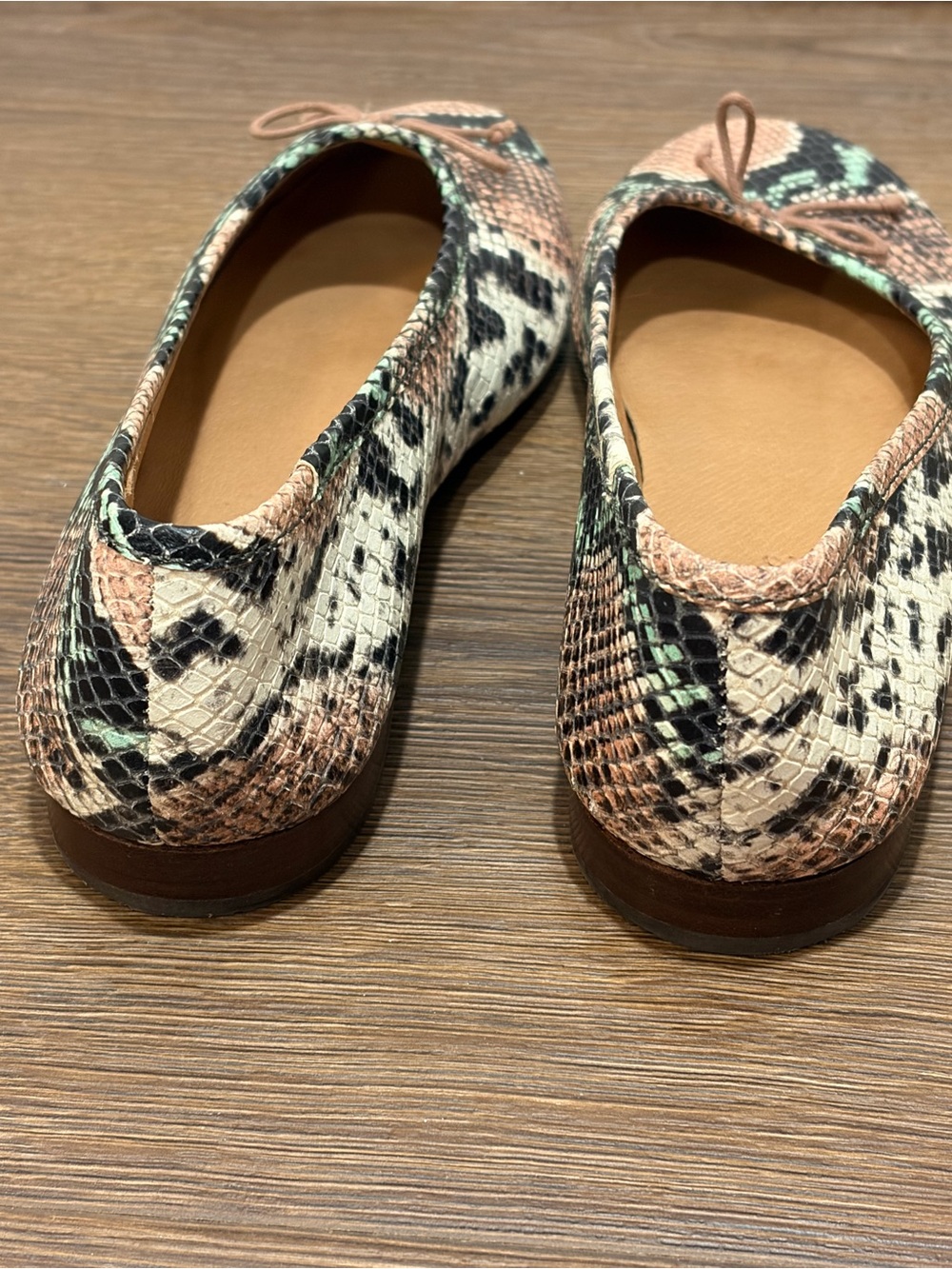 Madewell | Adelle Snakeskin Print Ballet Flats Womens Size 5.5 Beige Black bow - Picture 5 of 10
